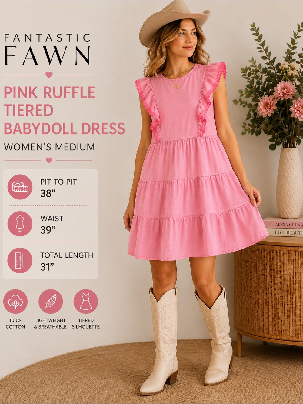 Fantastic Fawn Pink Denim Ruffle Mini Dress Medium Western Boho Barbiecore